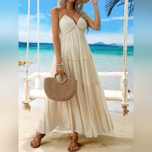 New Boho Tassel Tie Ruched Cami Tiered Maxi Dress Cream Ivory Beige - Picture 4 of 9